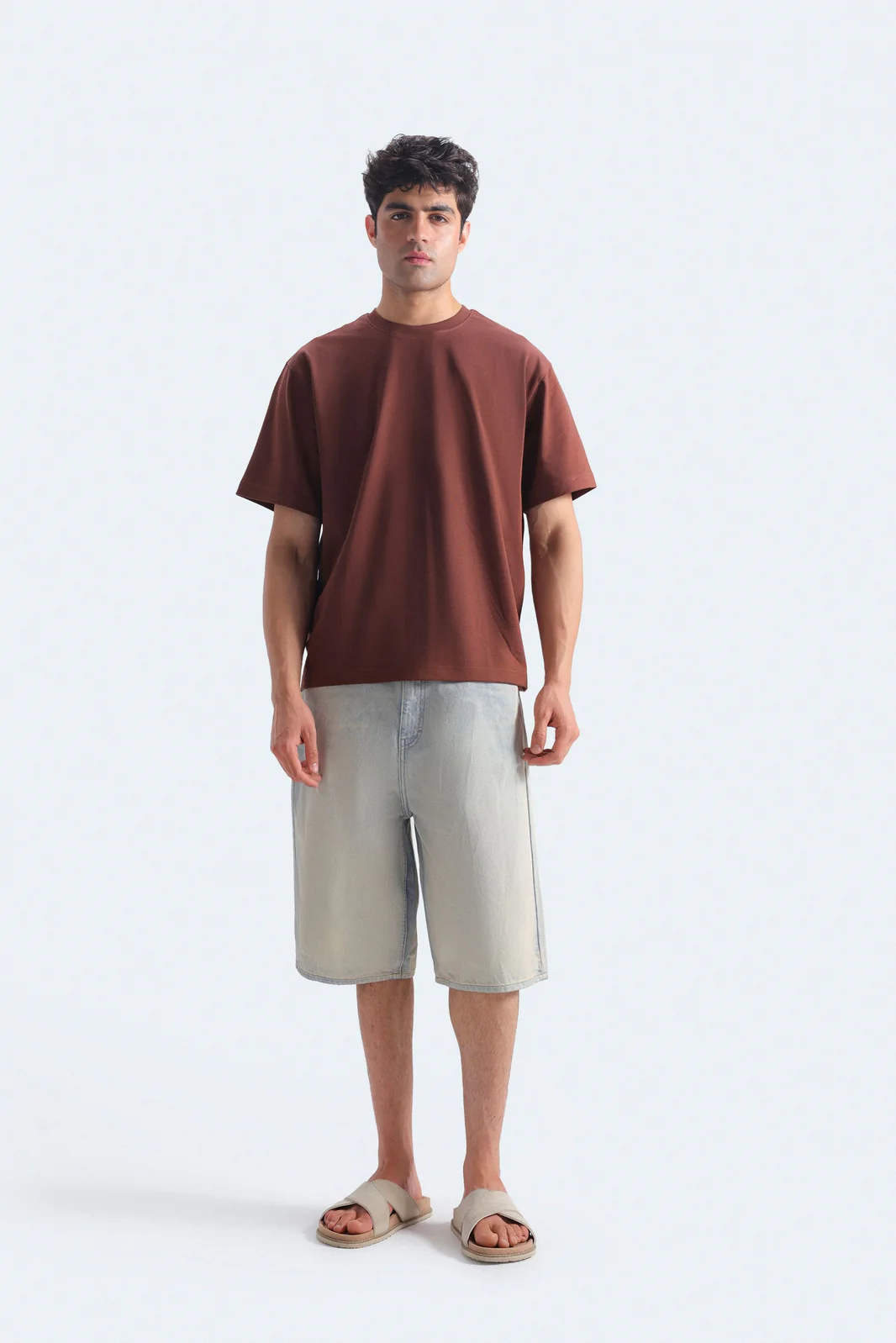 Men's Brown Crew Neck T-Shirt and Denim Shorts Set