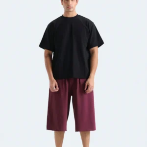 Men's Oversized Black T-Shirt and Maroon Shorts Set