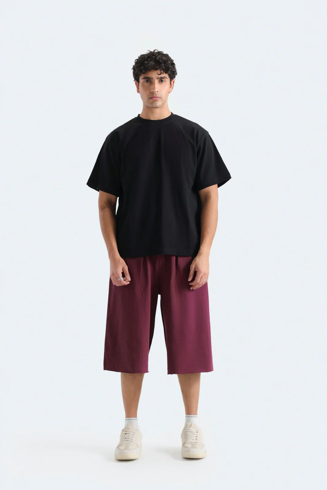 Men's Oversized Black T-Shirt and Maroon Shorts Set